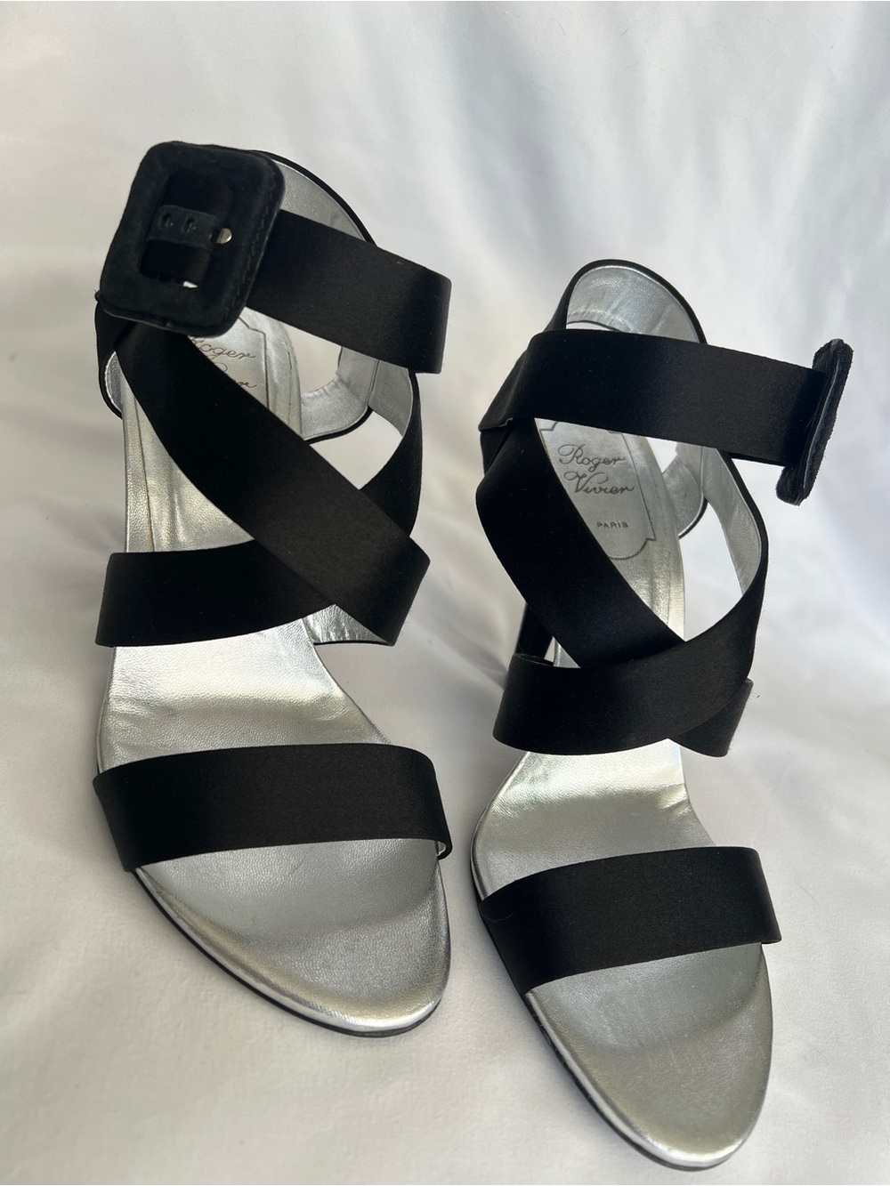 Roger Vivier Black Satin Strappy High Heel Sandals Silver Footbed Size 7.5